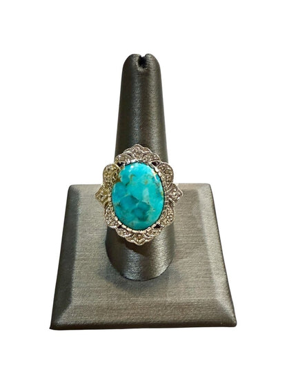 SS TURQ BEZEL SET STONE W/FILIGREE WHITE SAPPHRIES HALO STYLE SZ 9