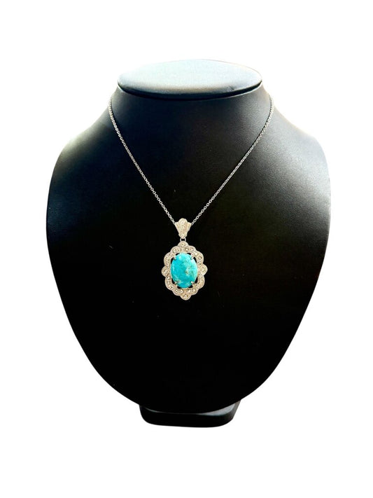 SS CAB TURQ CTR W/FILIGREE & WHT SAPHIRE HALO PENDANT ON CHAIN