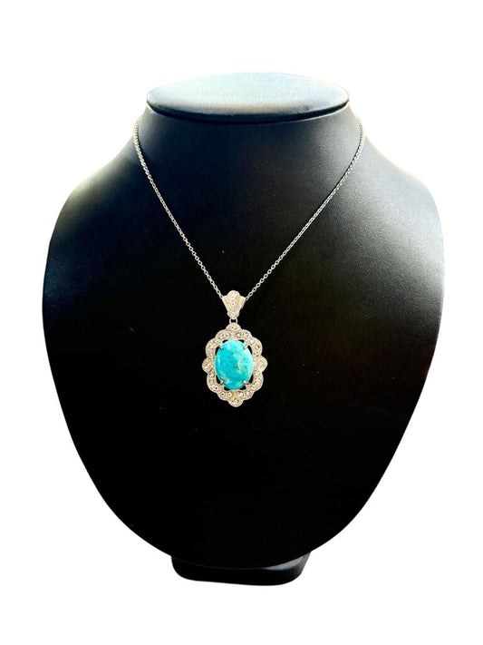 SS CAB TURQ CTR W/FILIGREE & WHT SAPHIRE HALO PENDANT ON CHAIN