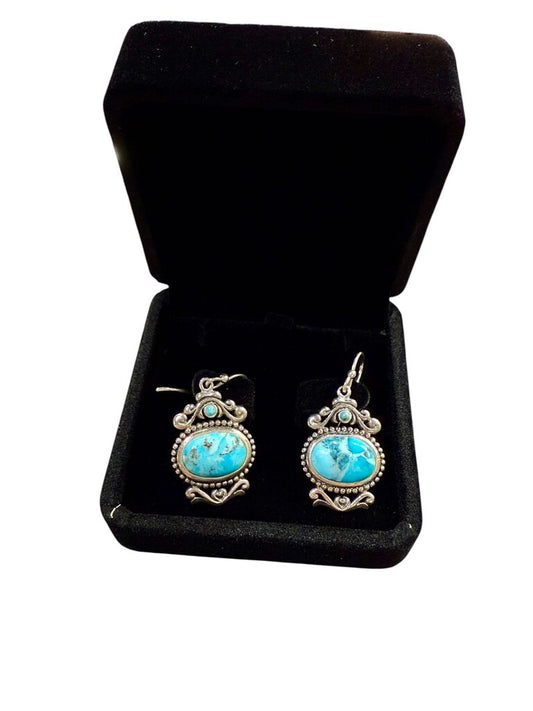 SS OVAL TURQ BEZEL SET BEADED DESIGN SCROLLING DANGLE EARRINGS