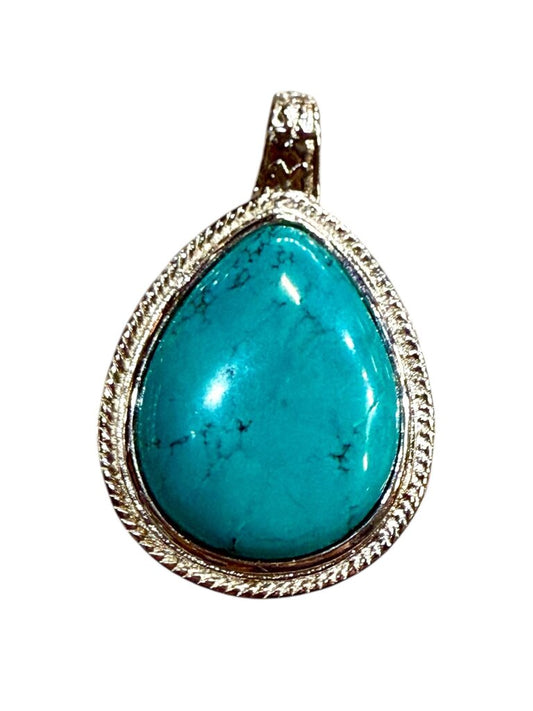 PLATED LG CREATED PEAR SHAPE BEZEL SET TURQ PENDANT NO CHAIN