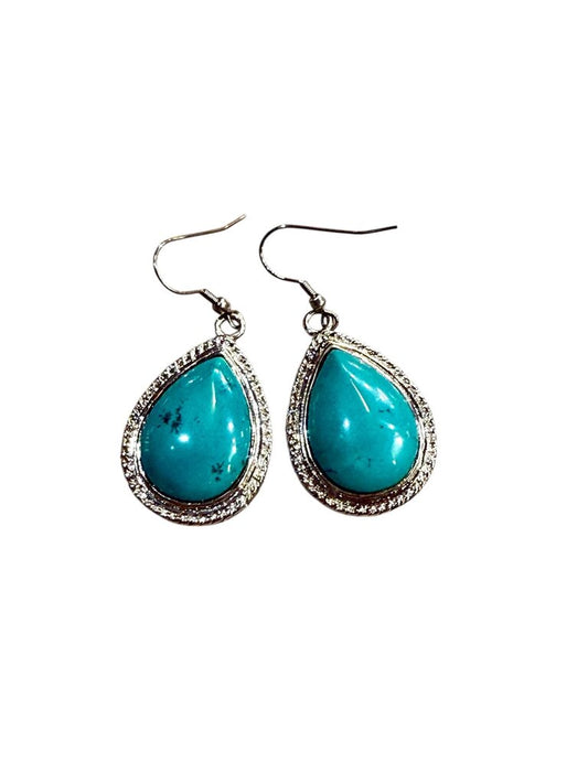 PLATED LG PEAR SHAPE CREATED TURQ DANGLE EARRINGS