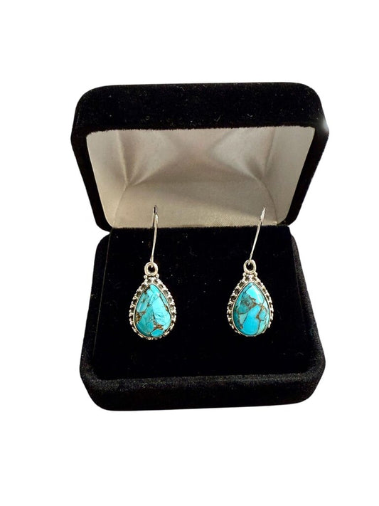SS PEAR SHAPE CR TURQ BEZEL SET BEADED HALO DANGLE EARRINGS