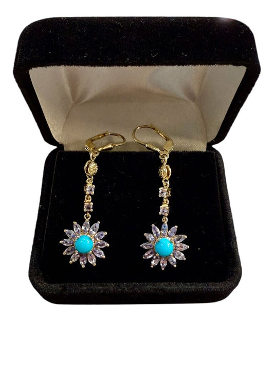 SS/GP TURQ CTR W/TANZ HALO DROP EARRINGSLEER BACKS