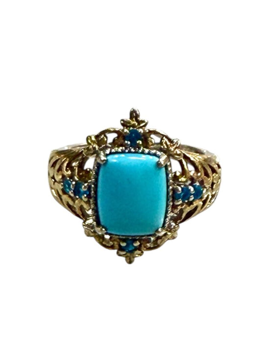SS/GP TURQ CTR W/BLUE QUARTZ SCROLLING LEAF DESIGN RING SZ 9