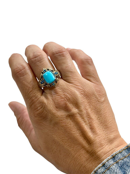 SS/GP TURQ CTR W/BLUE QUARTZ SCROLLING LEAF DESIGN RING SZ 9