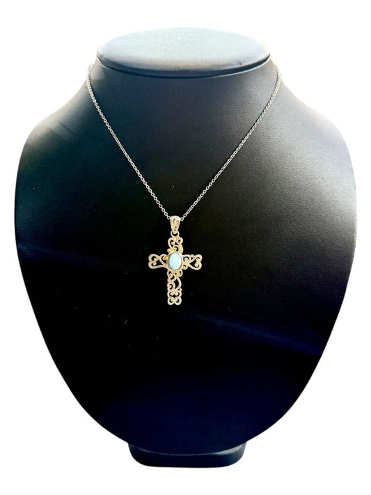 SS SCROLLING DESIGN CROSS W/LARMAR OVAL BEXEL SET STONE ON CHAIN