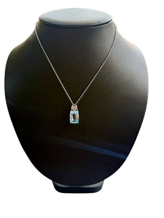 SS LARGE AQUA CUSHION CUT W/ TANZ STONE PENDANT ON CHAIN