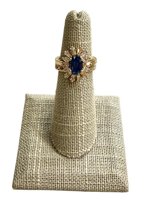 14KT YG 1.5CT NATURAL SAPPHIRE W/BAGS & RB HALO W/ CUSTOM BAND SZ 5
