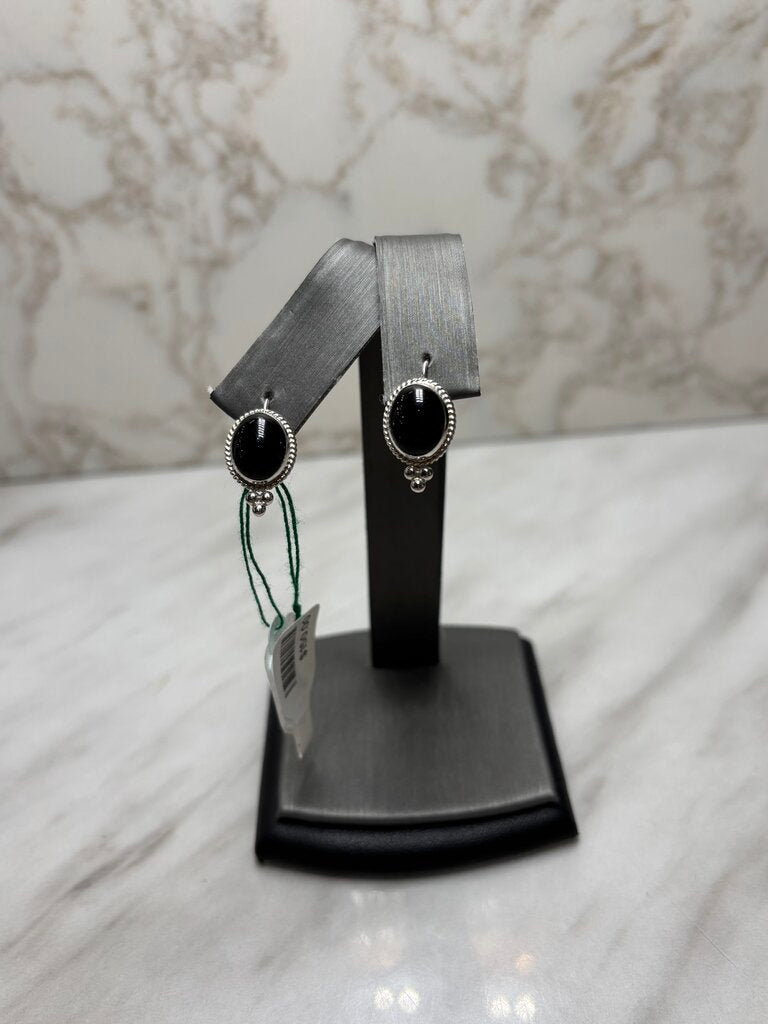 14KT WG OVAL BLK ONYX BEZEL SET DROP EARRINGS
