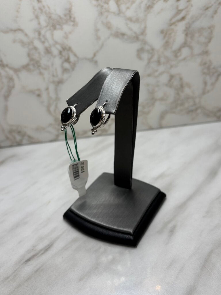 14KT WG OVAL BLK ONYX BEZEL SET DROP EARRINGS