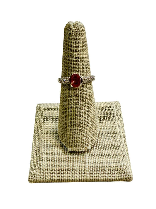18KT WG .97CT NATURAL ORANGE SAPPHIRE OVAL CTR PAVE DIAMOND RING SZ 6.5