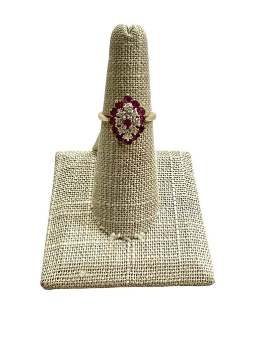 14KT YG RUBY & DIA CLUSTER RING SZ 6.5
