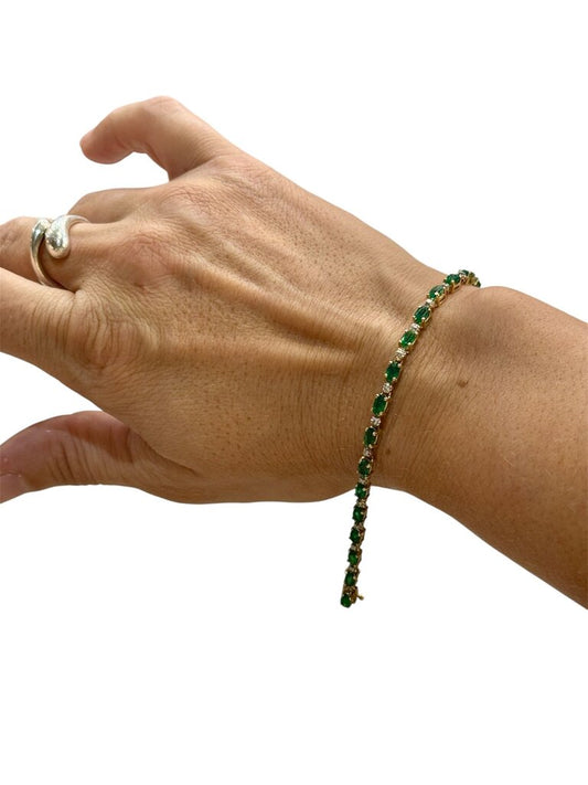14KT YG NATURAL EMERALD DIA ACCENT TENNIS BRACELET 7 1/2