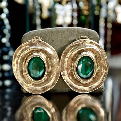 SS LG GREEN STONE W/SOBRERO STYLE HALO STUD EARRINGS
