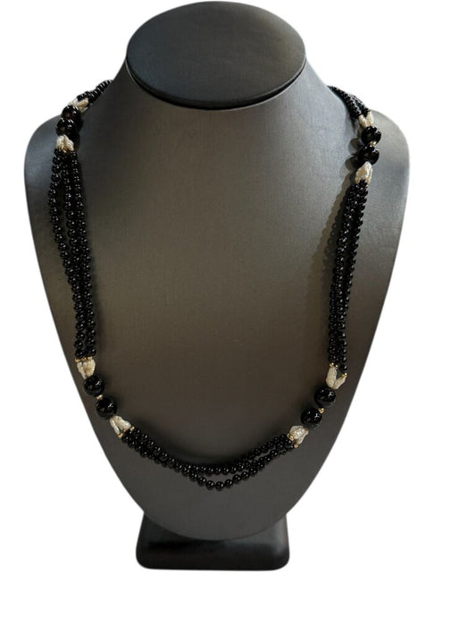 14KT YG ONYX PEARL BEADED NECKLACE
