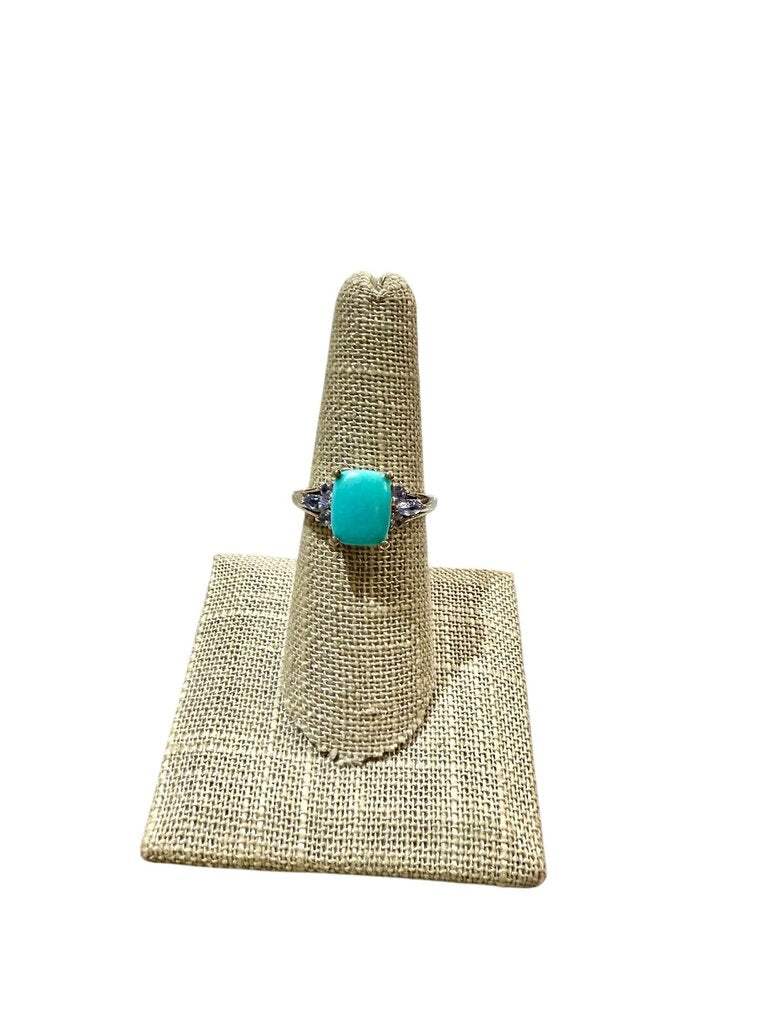 SS TURQ W/6 TANZ SIDE STONE RING SZ 7