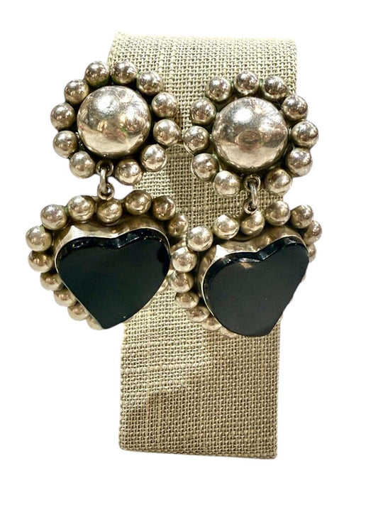 SS LARGE HEART ONYX BEADED NON PIERECED DANGLE EARRINGS