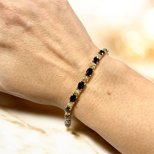 14KT YG OVAL NATURAL SAPHIRE &DIAMOND TENNIS BRACELET DOUBLE LOCKS