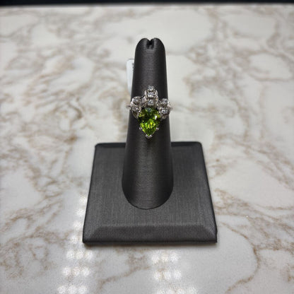 14KT WG PEAR SHAPE PERIDOT 7RB MELEE ON BAND SZ 6.5