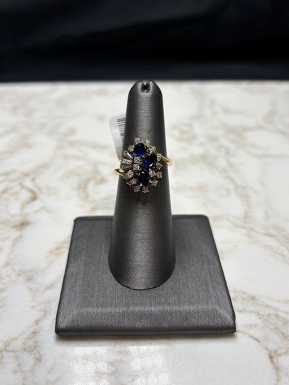 14KT YG 3 OVAL SAPPHIRE STONES W/ BAG & RB CLUSTER RING SZ 6.5
