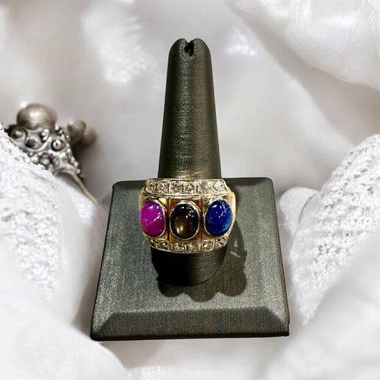 14KT YG MENS STAR SAPPHIRE RED, BLUE , BLK 1 3/8TW DIAMOND RING SZ 11