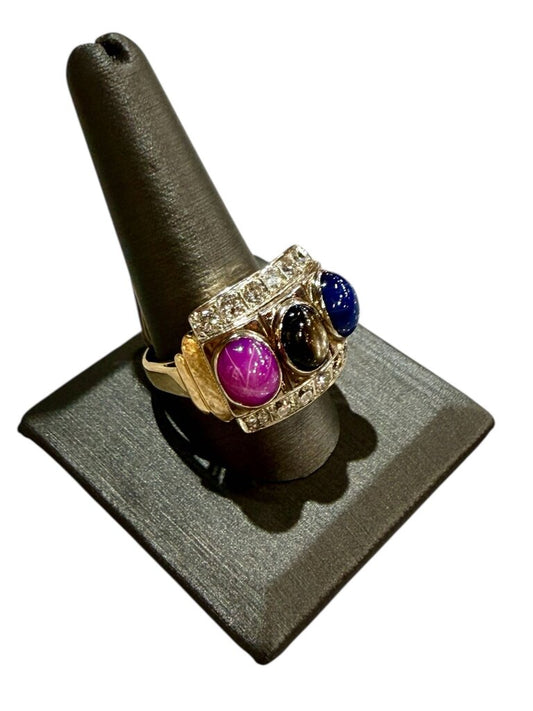 14KT YG MENS STAR SAPPHIRE RED, BLUE , BLK 1 3/8TW DIAMOND RING SZ 11