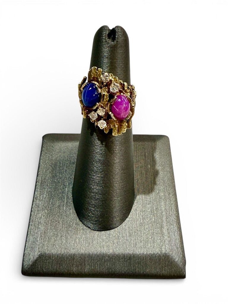 14KT YG NUGGET STYLE RED AND BLUE STAR SAPPHIRE DIAMOND ACCENT RING SZ 5