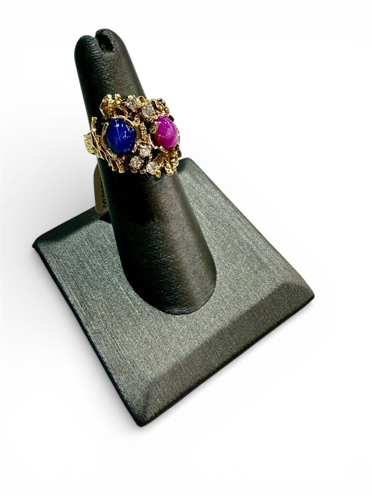 14KT YG NUGGET STYLE RED AND BLUE STAR SAPPHIRE DIAMOND ACCENT RING SZ 5