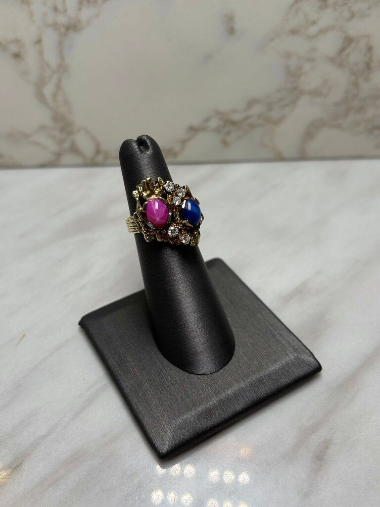 14KT YG NUGGET STYLE RED AND BLUE STAR SAPPHIRE DIAMOND ACCENT RING SZ 5