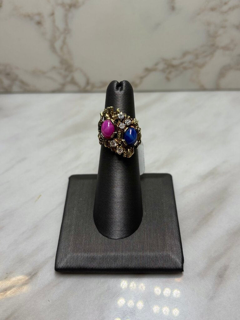 14KT YG NUGGET STYLE RED AND BLUE STAR SAPPHIRE DIAMOND ACCENT RING SZ 5
