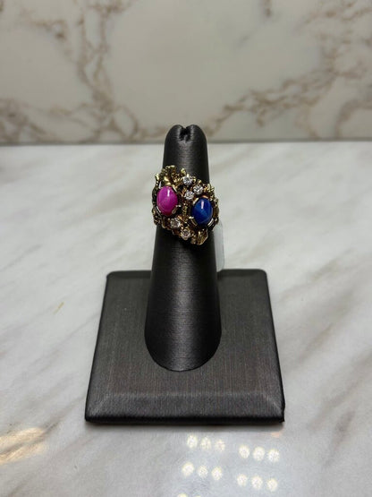 14KT YG NUGGET STYLE RED AND BLUE STAR SAPPHIRE DIAMOND ACCENT RING SZ 5