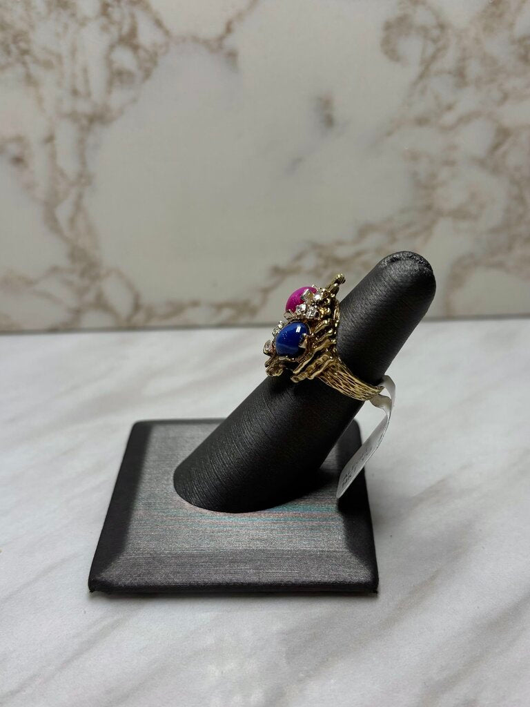 14KT YG NUGGET STYLE RED AND BLUE STAR SAPPHIRE DIAMOND ACCENT RING SZ 5