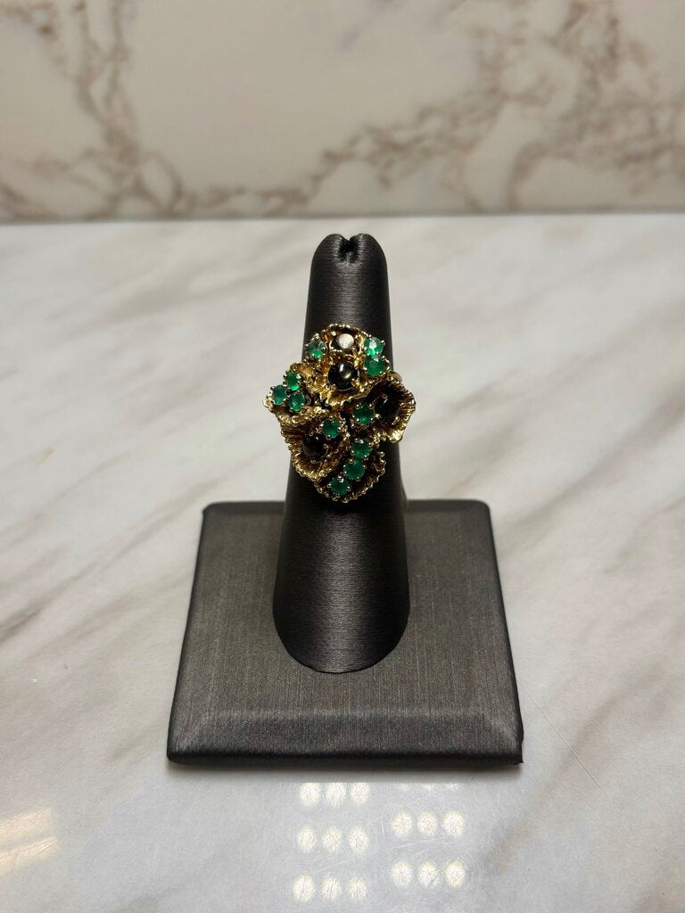 14KT YG STAR SAPPHIRE W/EMERALD CLUSTER STYLE RING SZ 6
