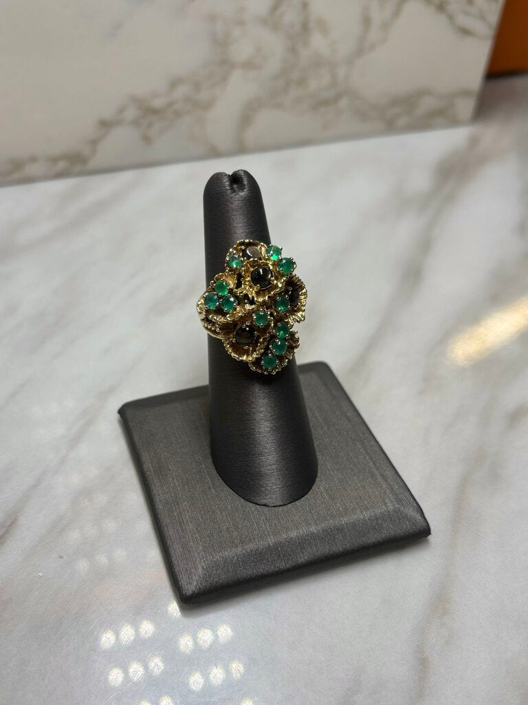 14KT YG STAR SAPPHIRE W/EMERALD CLUSTER STYLE RING SZ 6