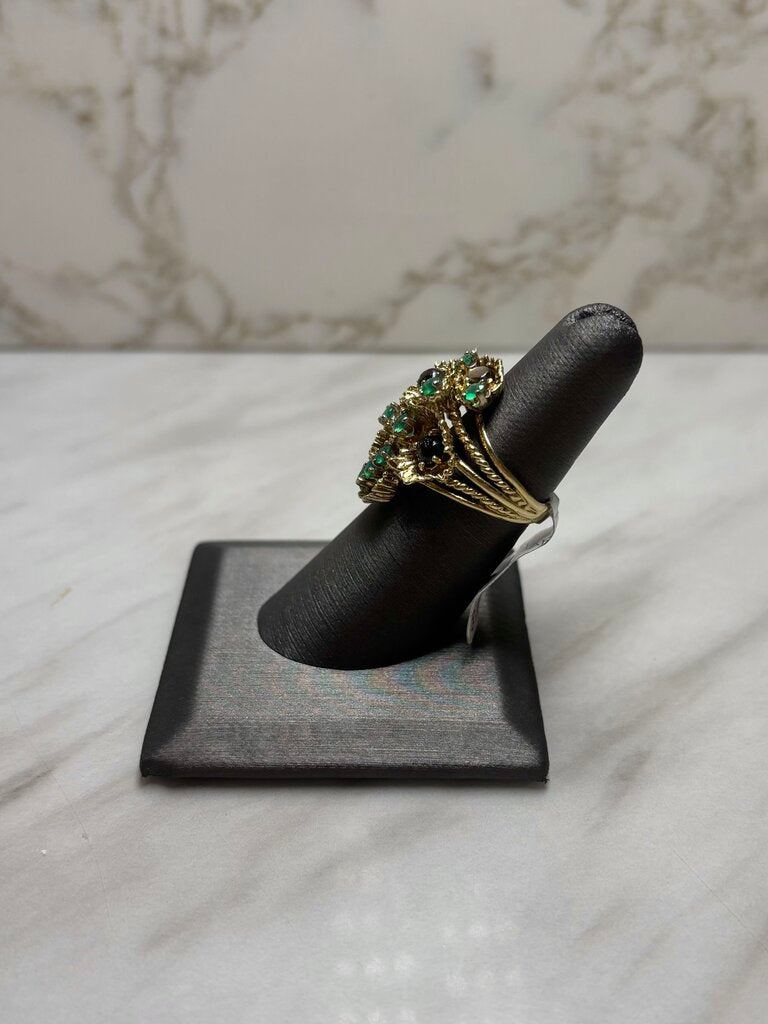 14KT YG STAR SAPPHIRE W/EMERALD CLUSTER STYLE RING SZ 6