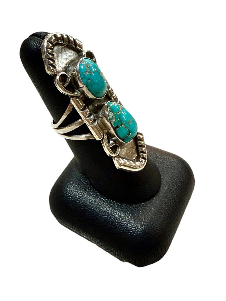 SS 2 STONE OBLONG TURQ RING SZ 6.5