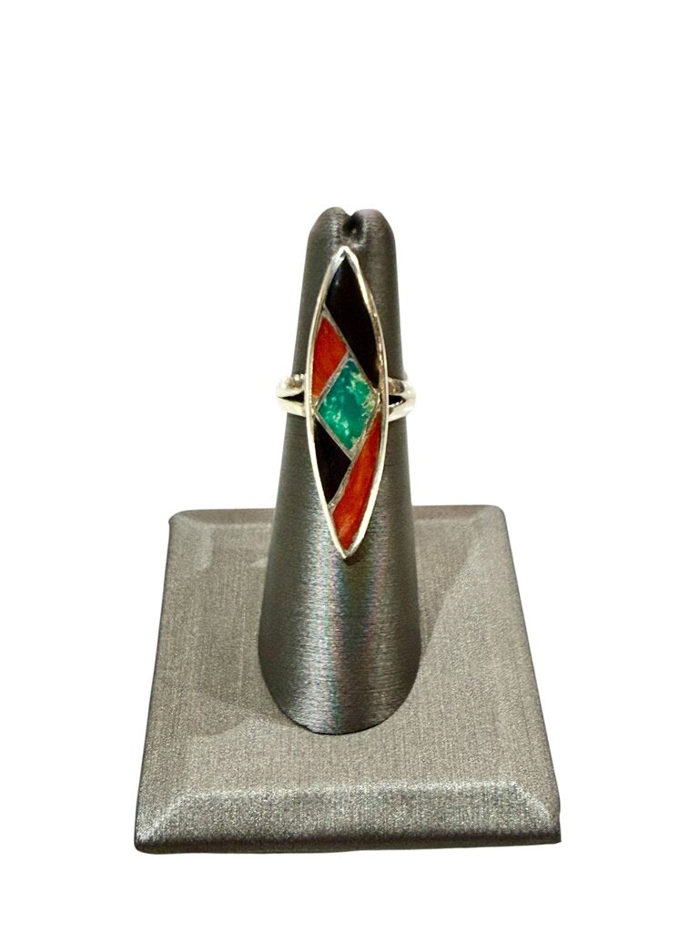 SS TURQ ONYX CORAL INLAY MARQ SHAPE RING SZ 5
