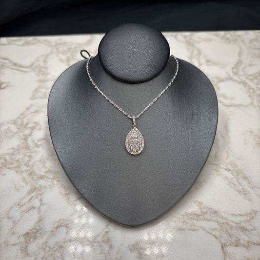 10KT WG 1.5CTTW 2 PEAR DIA W/RB MELEE TEAR DROP PENDANT ON 18" CHAIN