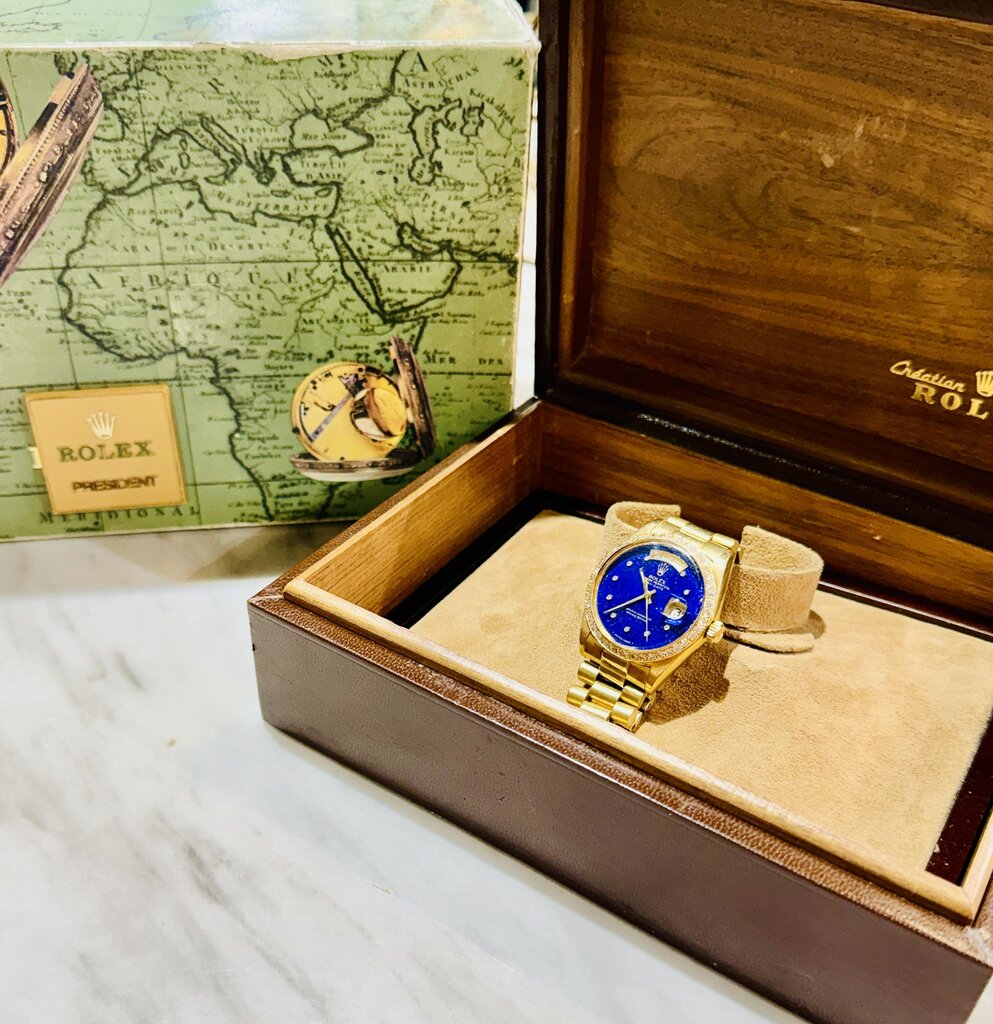 1973 ROLEX 36MM PRESIDENT LAPIS FACE W/ORIGINAL FACE IN ORGINAL BOX