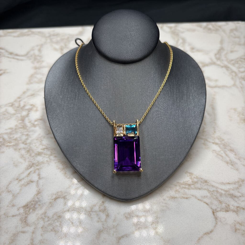 14KT YG LG EMERALD CUT AMETHYST W/BLUE TOPAZ & WHITE SAPPHIRE PENDANT ON 18" WHEAT LINK CHAIN