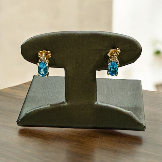 10KT YG OVAL BLUE TOPAZ W/MELEE ACCENT STUD EARRINGS