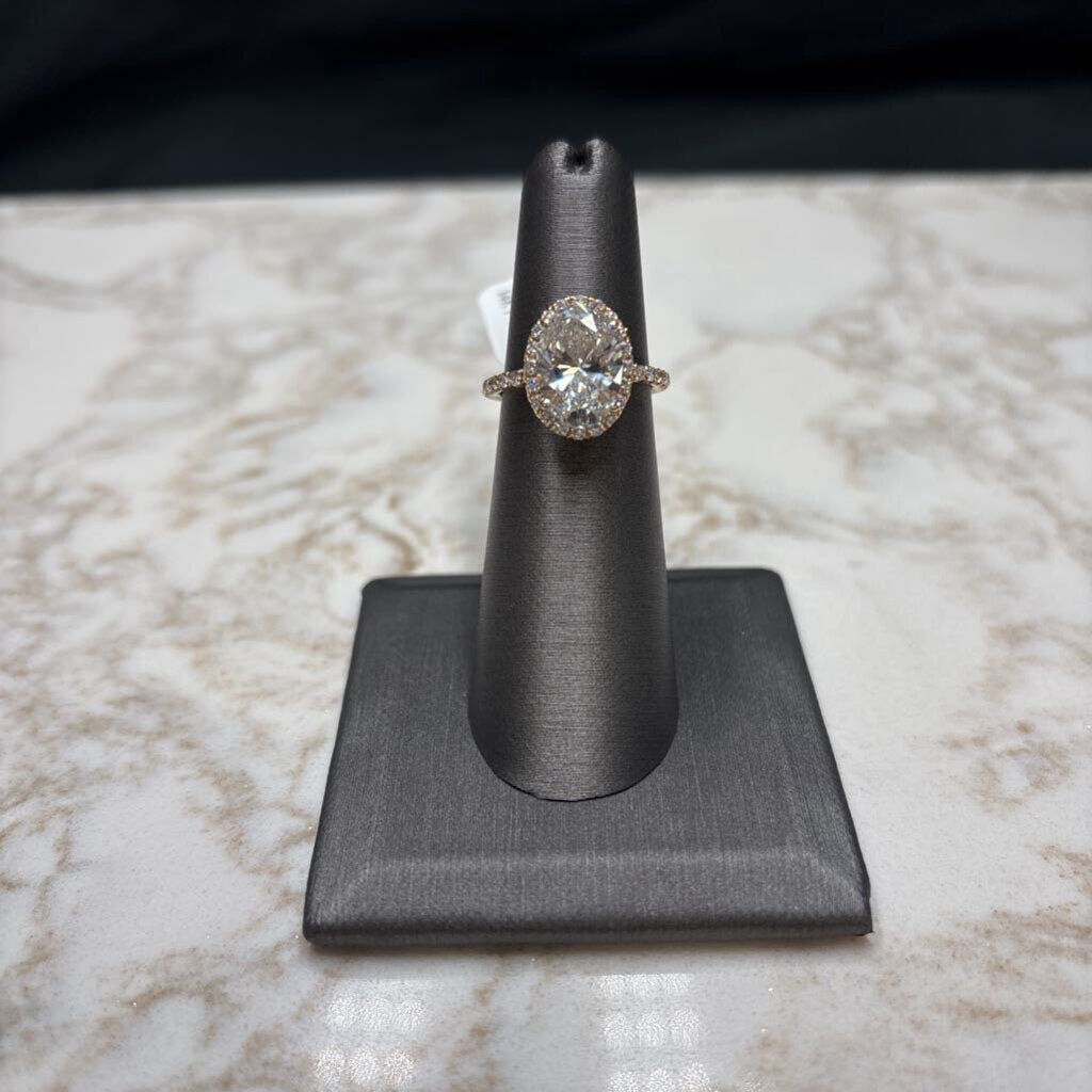 14KT YG 3.01CT LG OVAL VVS2 F HALO STYLE RING SZ 5.5