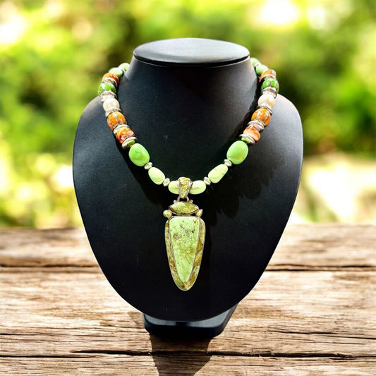 SS GREEN APPLE TURQ W/SPINEY OYSTER PEARL OPAL INSET BEADED 22" W/LARGE PENDANT