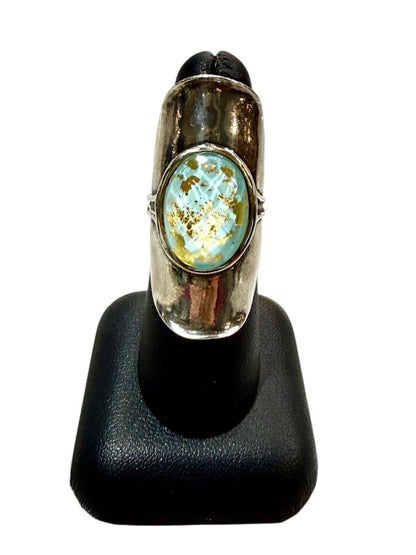 SS TURQ W/GOLD FLECKS BEZEL SET WIDE BAND SZ 7