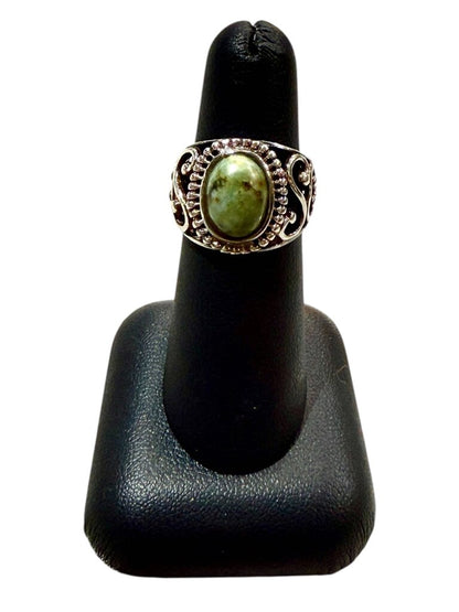 SS GREEN TURQ BEZEL SET W/SCROLLING ON BAND SZ 6