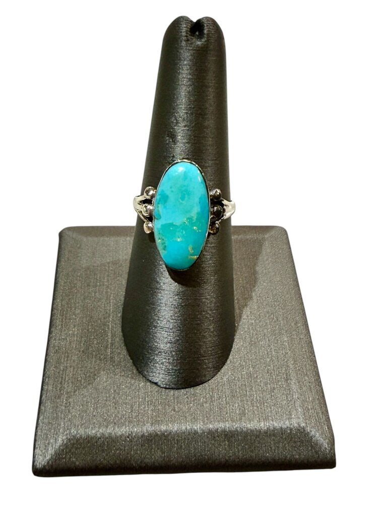 SS BEZEL SET TURQ BEADED DESIGN ON SIDES RING SZ 8