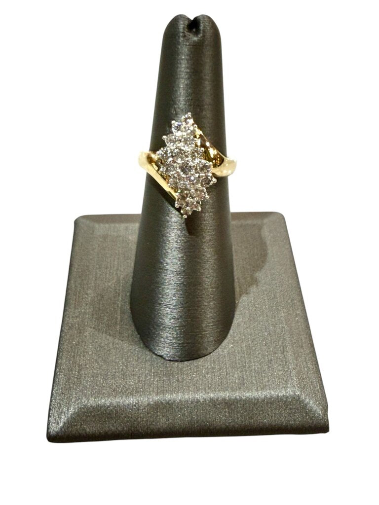14KT YG 1CTTW CLUSTER GRADUATED 3 ROW RING SZ 6.5
