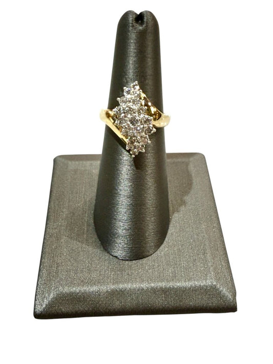 14KT YG 1CTTW CLUSTER GRADUATED 3 ROW RING SZ 6.5