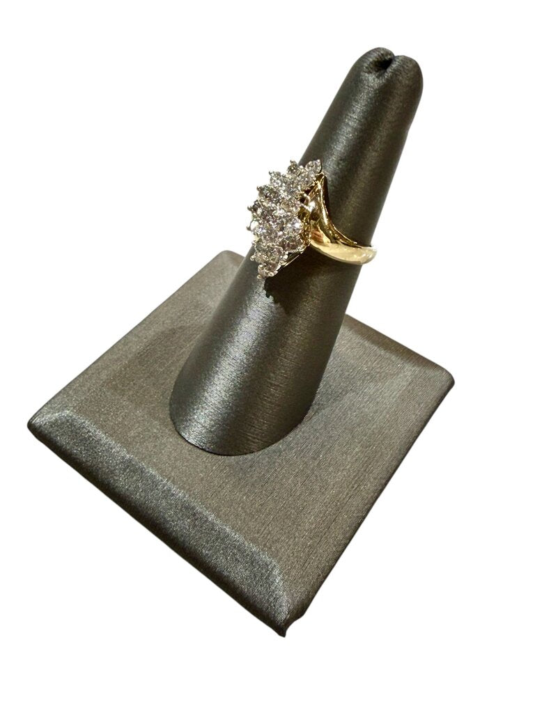 14KT YG 1CTTW CLUSTER GRADUATED 3 ROW RING SZ 6.5